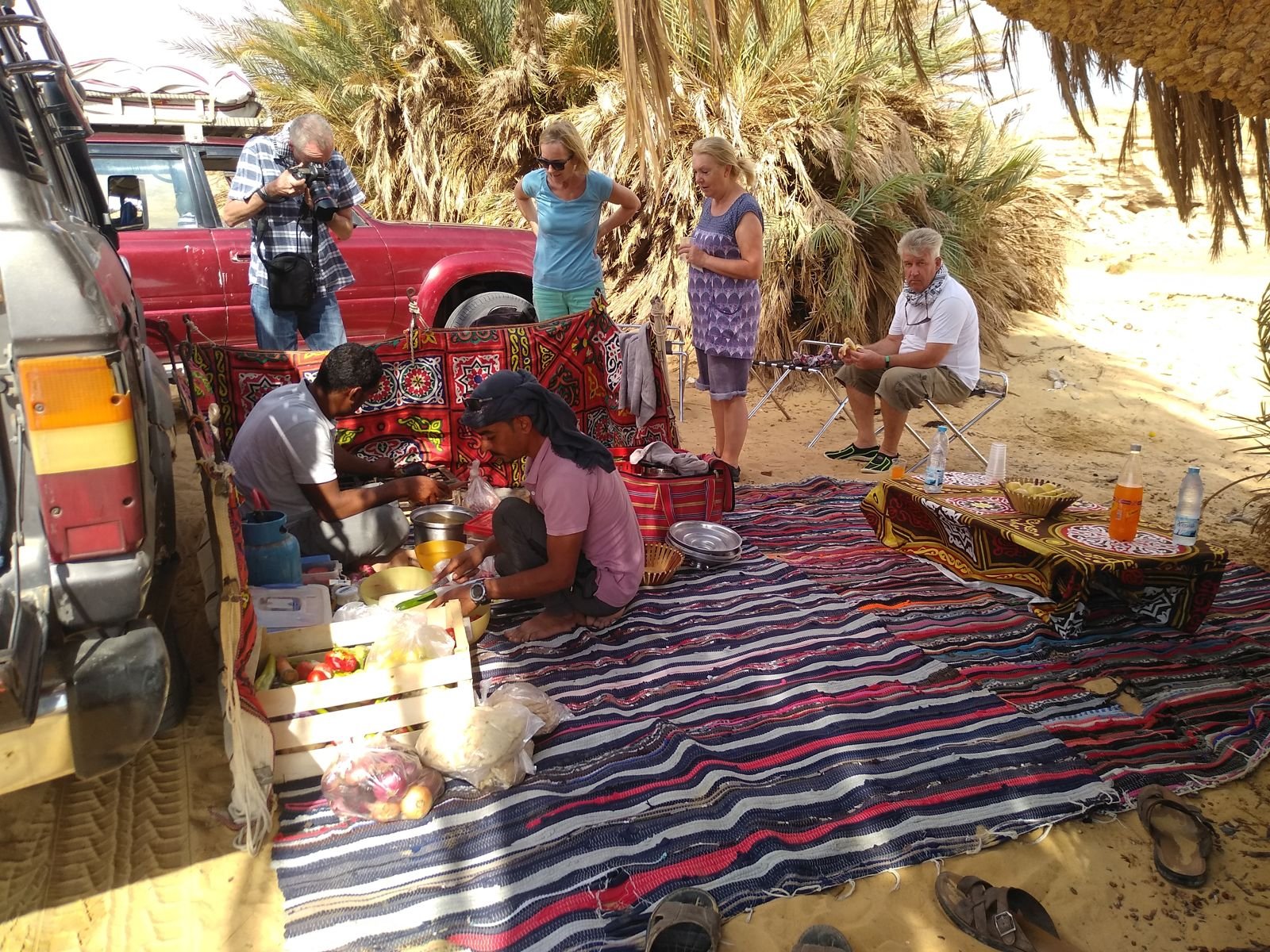 Déjeuner bédouin servi sous les palmiers dans une oasis